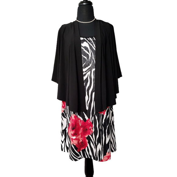aDRESSing Woman SIZE L Shimmer Zebra Rose Short Dress Black Shrug Kimono Sleeve - Picture 1 of 13